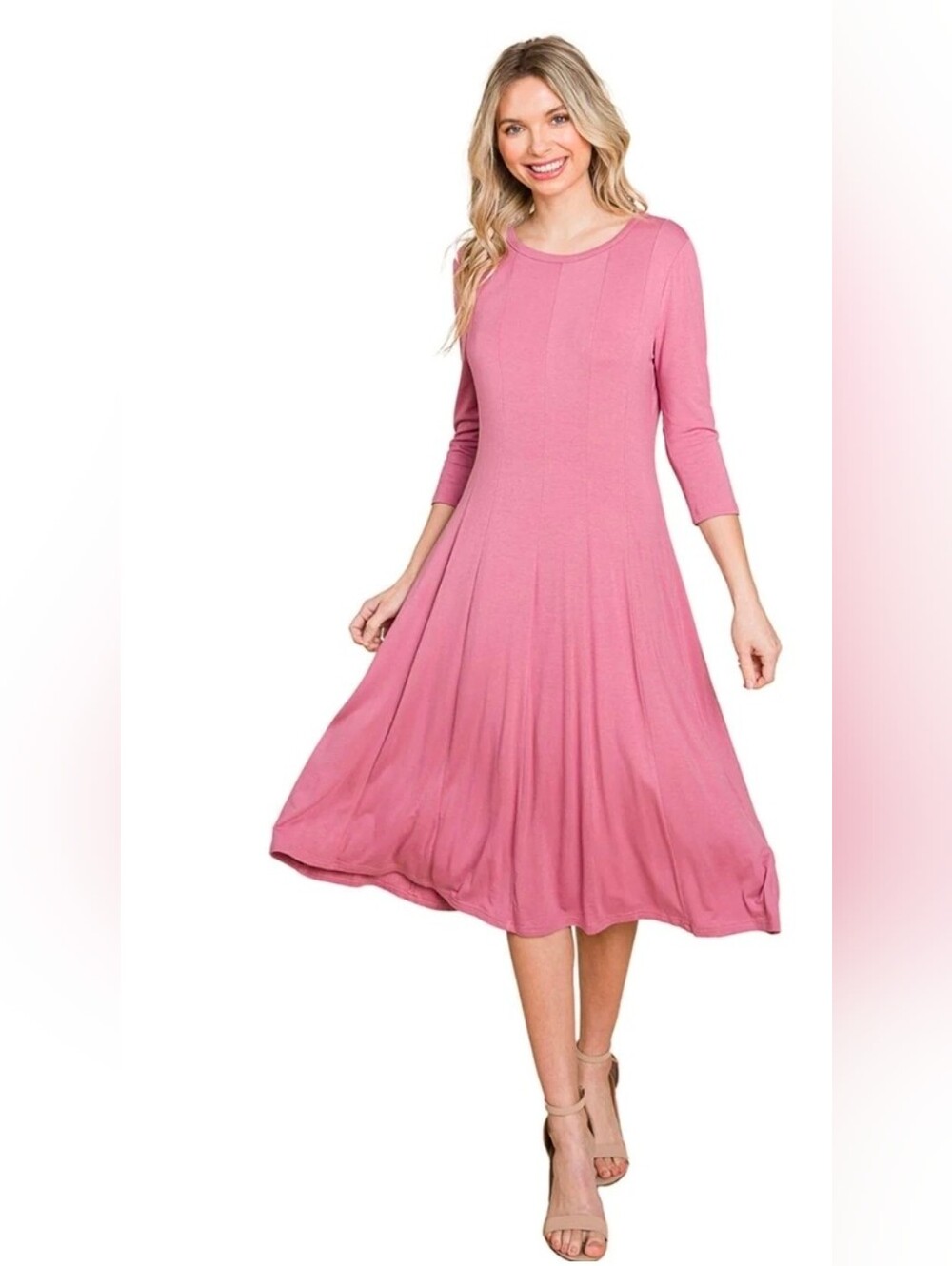 Pink Swing Midi Dress with 3/4 Sleeves